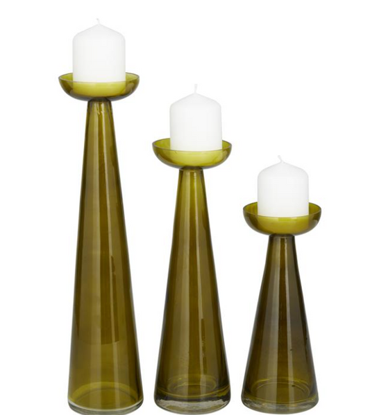 Green Glass Candleholders, Set of 3