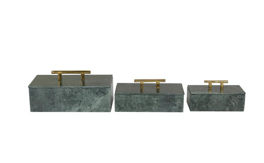 Green Marble Boxes w/Gold Bar Handles, Set of 3