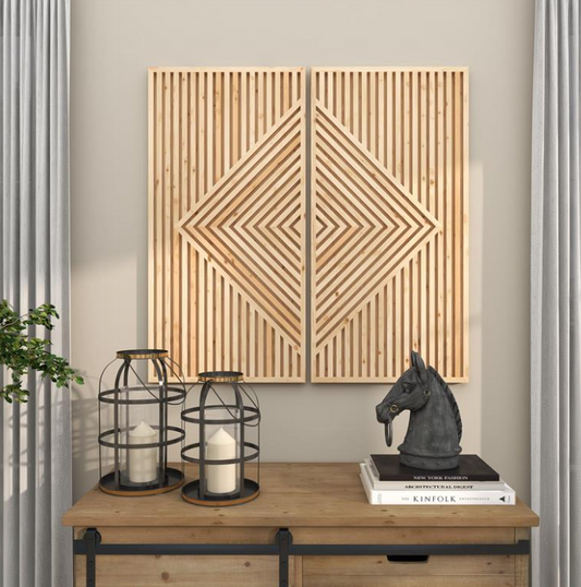 Wood Geometric Carved Panels, Set of 2