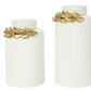 White Ceramic Canisters w/Pattern & Gold Flowers, Set of 2