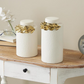 White Ceramic Canisters w/Pattern & Gold Flowers, Set of 2