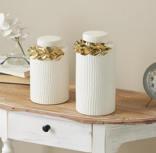 White Ceramic Canisters w/Pattern & Gold Flowers, Set of 2