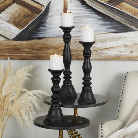 Black Wooden Pillar Candlesticks, Set of 3