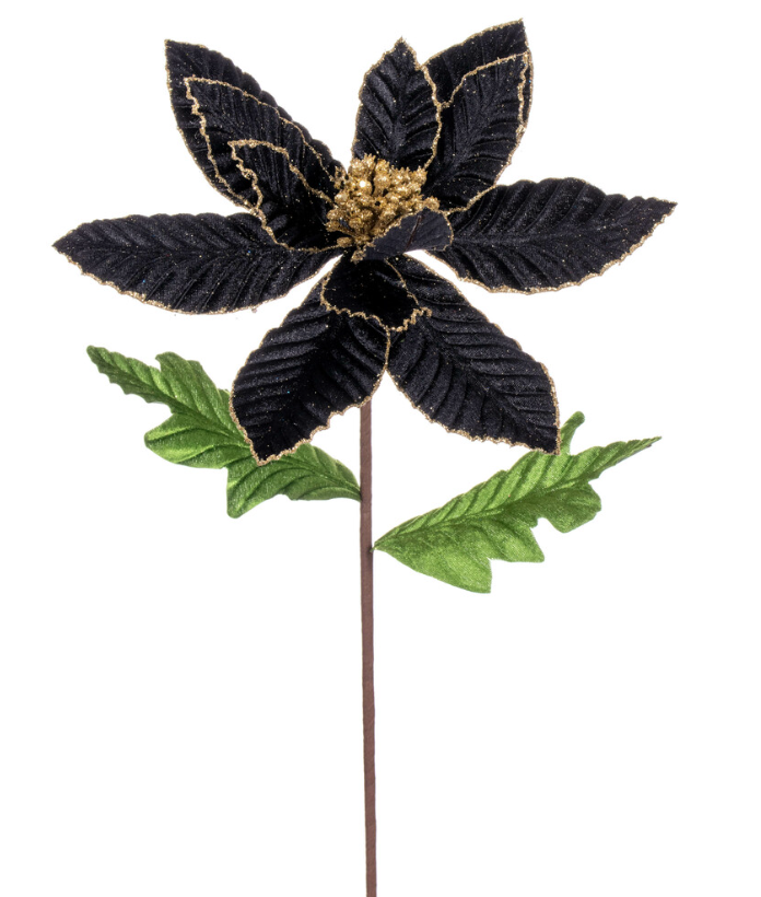 22" Black Velvet Glitter Trim Poinsettia