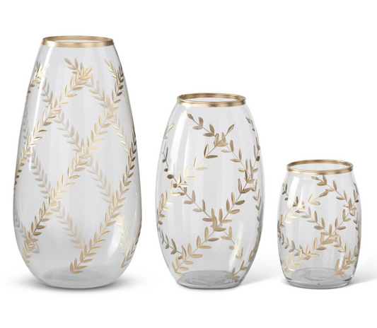 Gold Gilded Leaf Etched Glass Vases (Various Sizes)