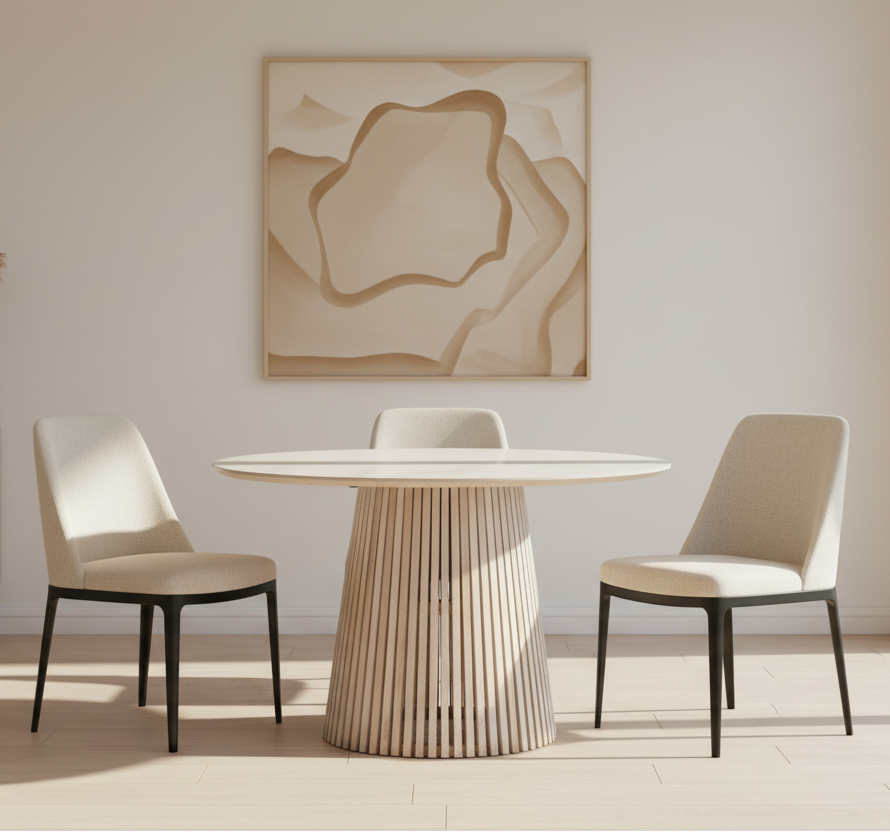 Wooden table with a round top and slatted base on a white background