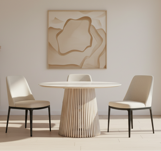 Wooden table with a round top and slatted base on a white background