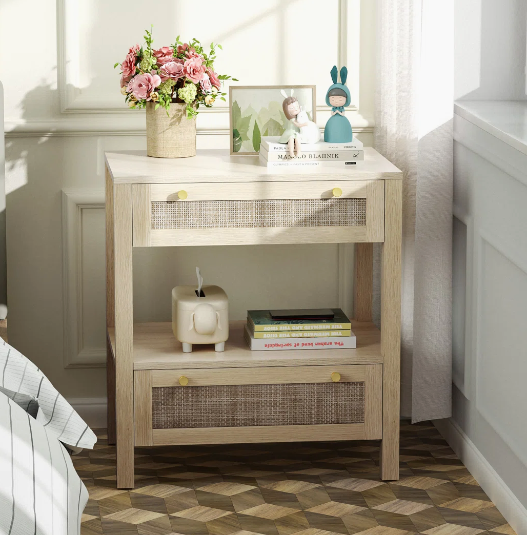 Rattan Nightstand w/ Drawers