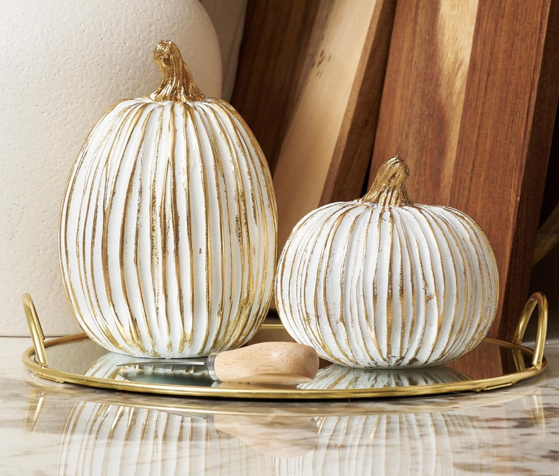 White and Gold Striped Pumpkins, Set of 2