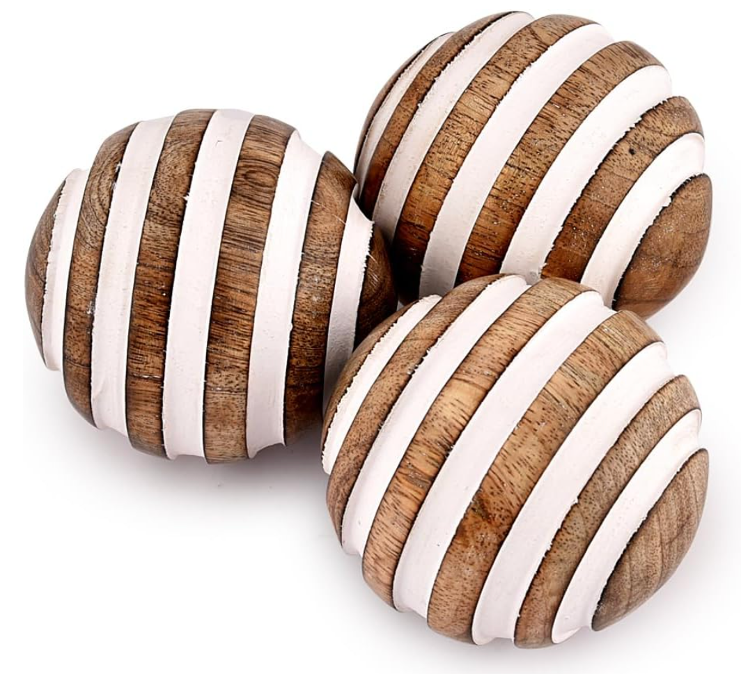 Decorative Striped Mango Wood Balls, Set of 3