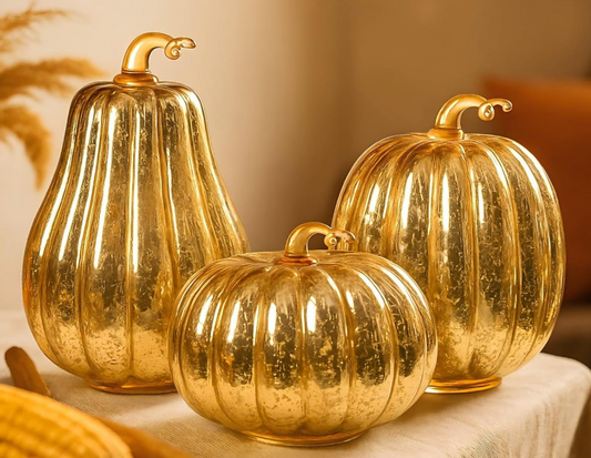 Lighted Gold Mercury Glass Pumpkins, Various Sizes