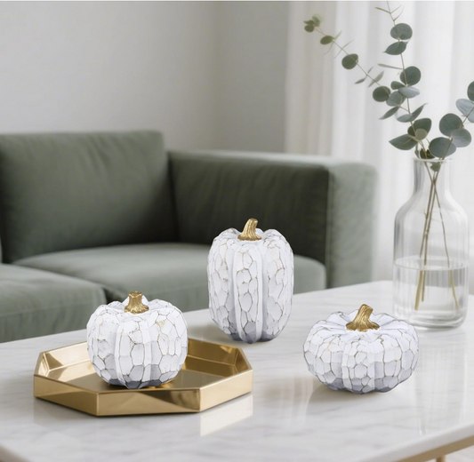 Carved White & Gold Pumpkins, Set of 3