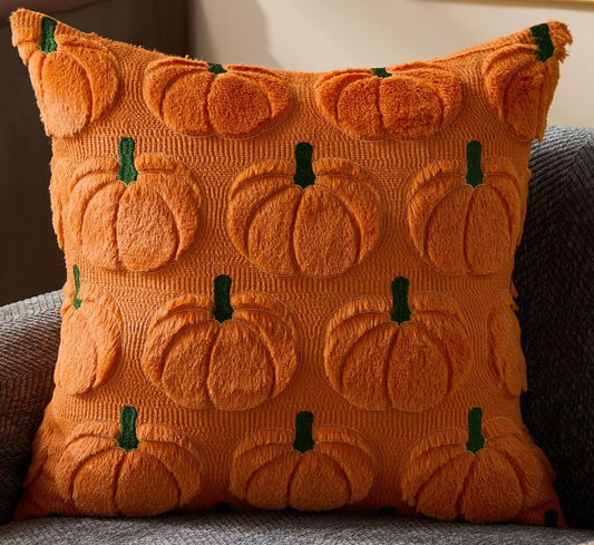 Fuzzy Pumpkin Pillow, Orange w/ Green