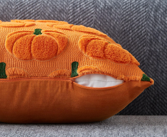 Fuzzy Pumpkin Pillow, Orange w/ Green