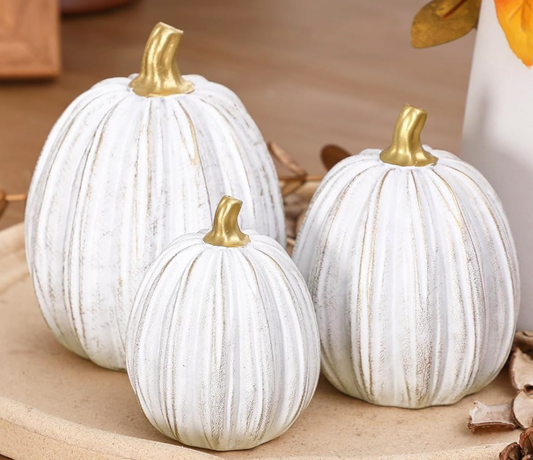 Gold and White Striped Pumpkins, Set of 3