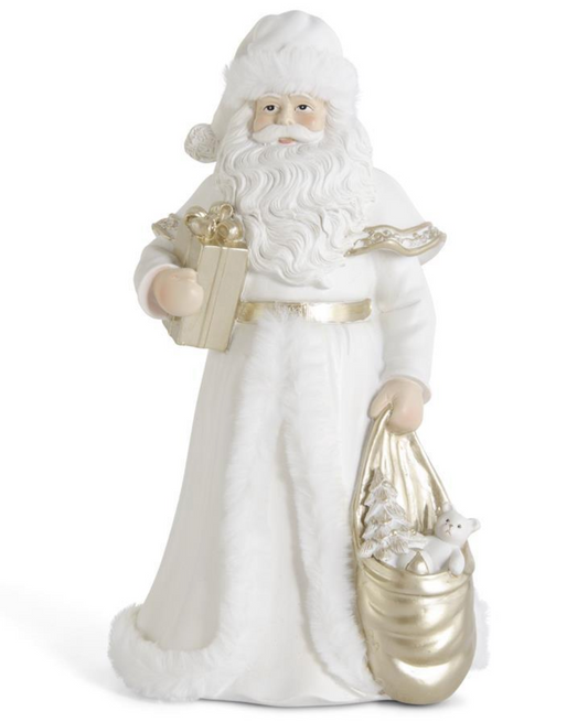 12" White & Gold Resin Santa Holding Package w/ Fur Trim