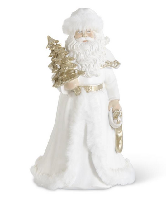 9" White & Gold Resin Santa Holding Package w/ Fur Trim