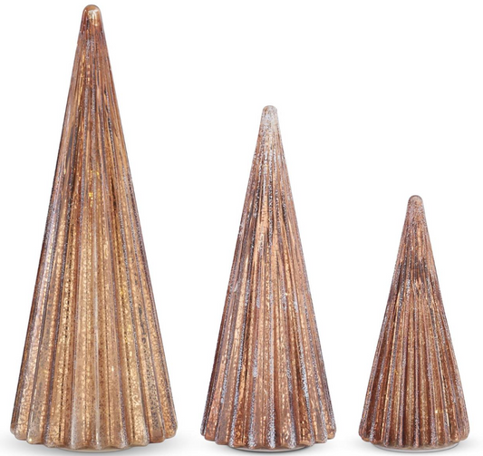 Set of 3 Ribbed Copper LED Mercury Glass Trees