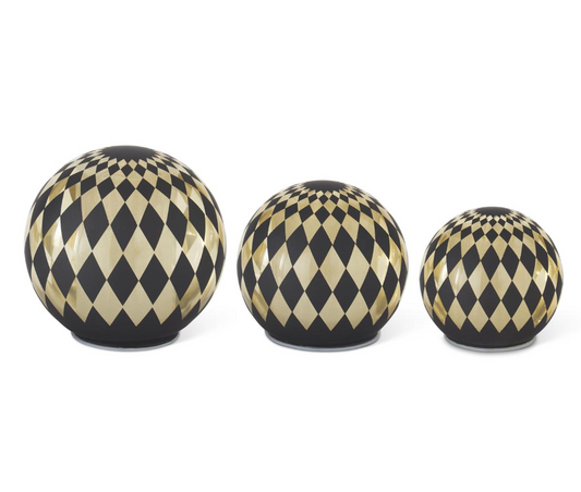 Set of 3 Black & Gold Harlequin LED Globes w/ Timers