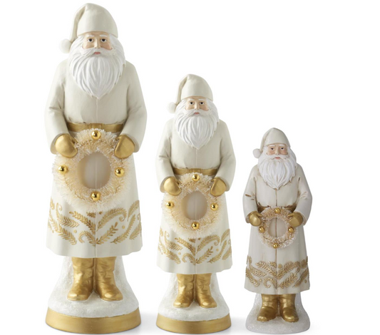 Cream Resin Santa Holding Wreath (Various Sizes)