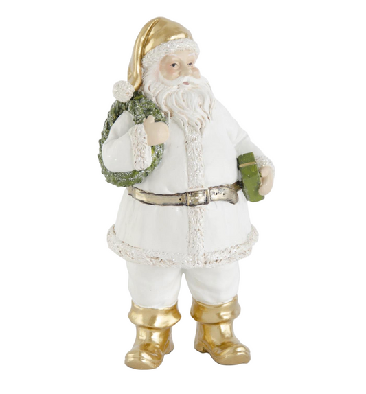 9" White & Gold Resin Santa w/ Wreath & Package