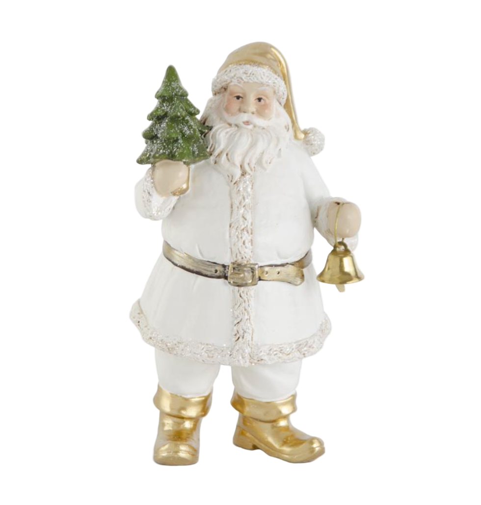 7.5" White & Gold Resin Santa w/ Tree & Bell