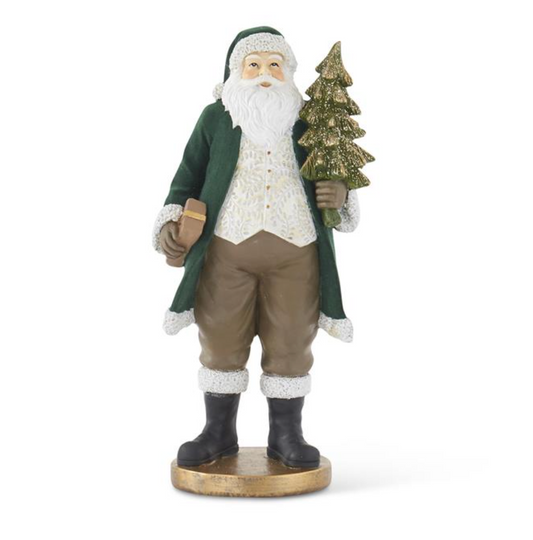 13" Dark Green Velvet Santa w/ Gold Tree