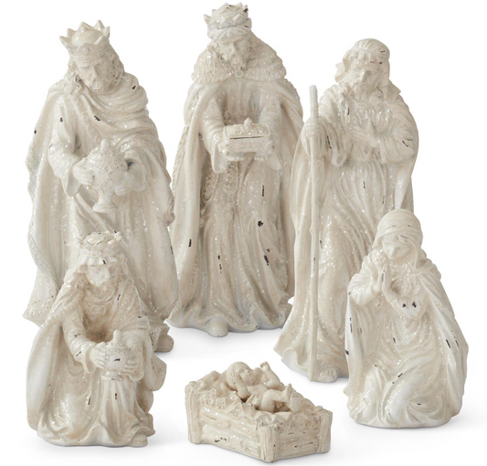 Tabletop White Glittered Nativity Set