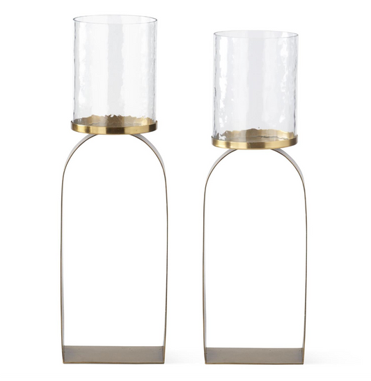Antiqued Gold & Glass Hurricane Candleholders, Set of 2