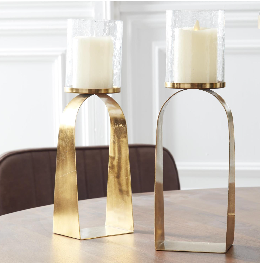 Antiqued Gold & Glass Hurricane Candleholders, Set of 2