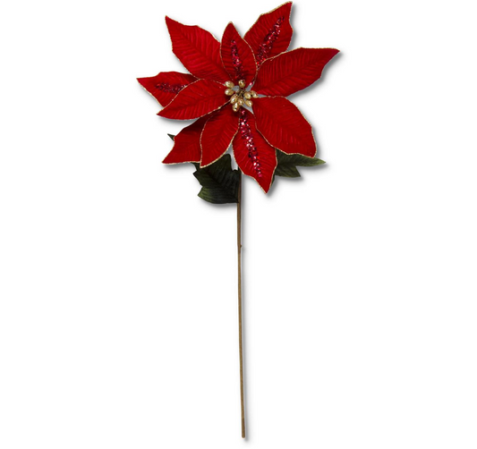 30" Red Velvet Poinsettia Stem w/ Sequins