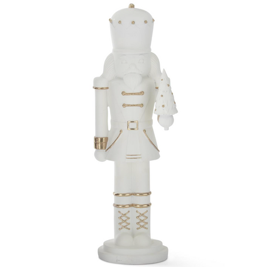 15" White Resin Nutcracker w/ Tree & Gold Trim