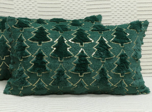 Christmas Tree Lumbar Pillow, Green w/ Gold
