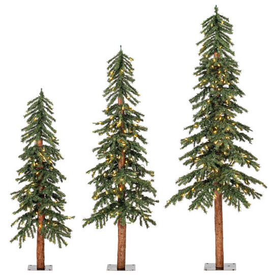 Natural Alpine Trees w/ Warm White Lights, Set of 3
