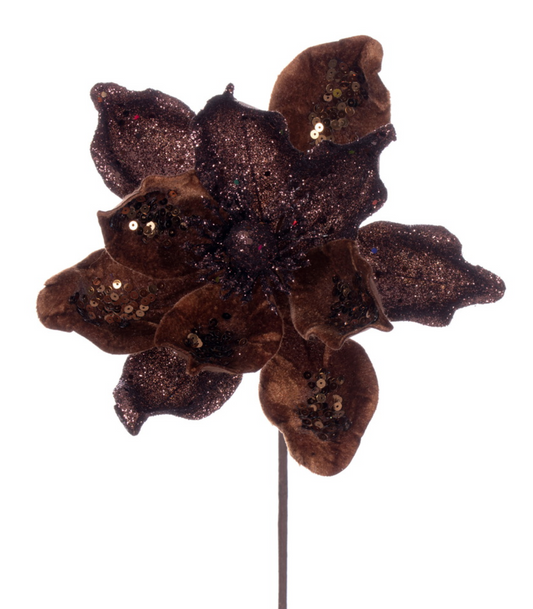 15" Mocha Velvet Glitter Magnolia Stem