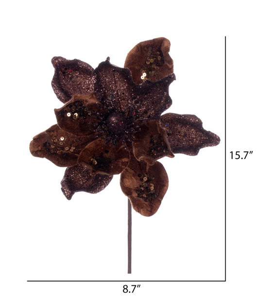15" Mocha Velvet Glitter Magnolia Stem