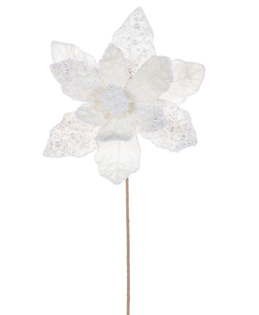 17" Ivory Velvet Pearl Poinsettia Stem