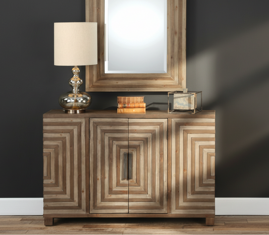 Wooden sideboard with decorative elements against a dark wall