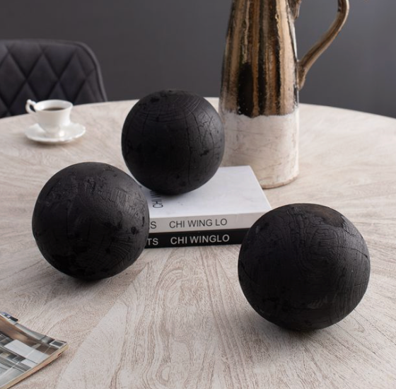 Black Decorative Teak Balls, Set of 3