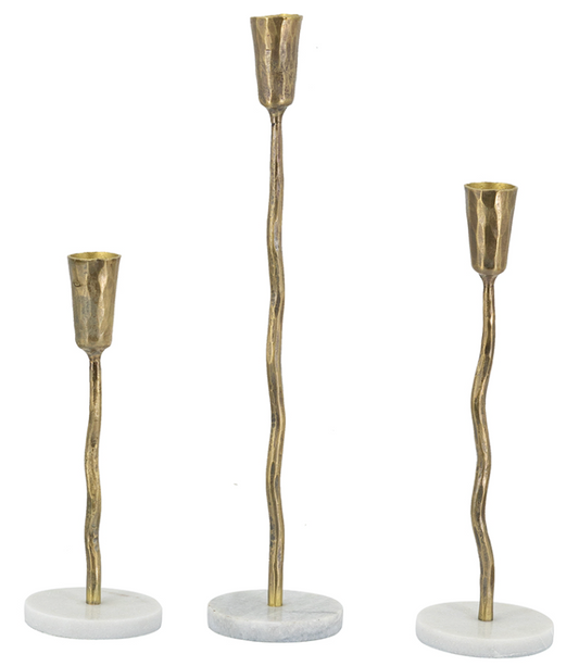 Gold Iron w/ Marble Base Candleholders, Set of 3