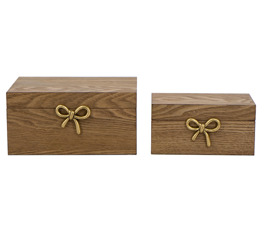 Decorative Wood Boxes w/ Gold Bow Handle, Set of 2