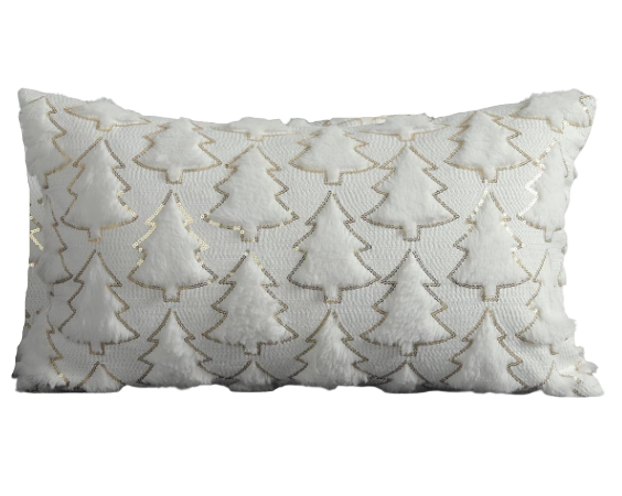 Christmas Tree Lumbar Pillow, White w/ Gold