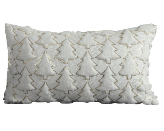 Christmas Tree Lumbar Pillow, White w/ Gold