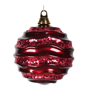 6" Burgundy Wave Ball Ornament with Glitter