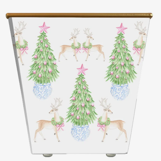 Decorative trash can with Christmas tree and deer design on a white background
