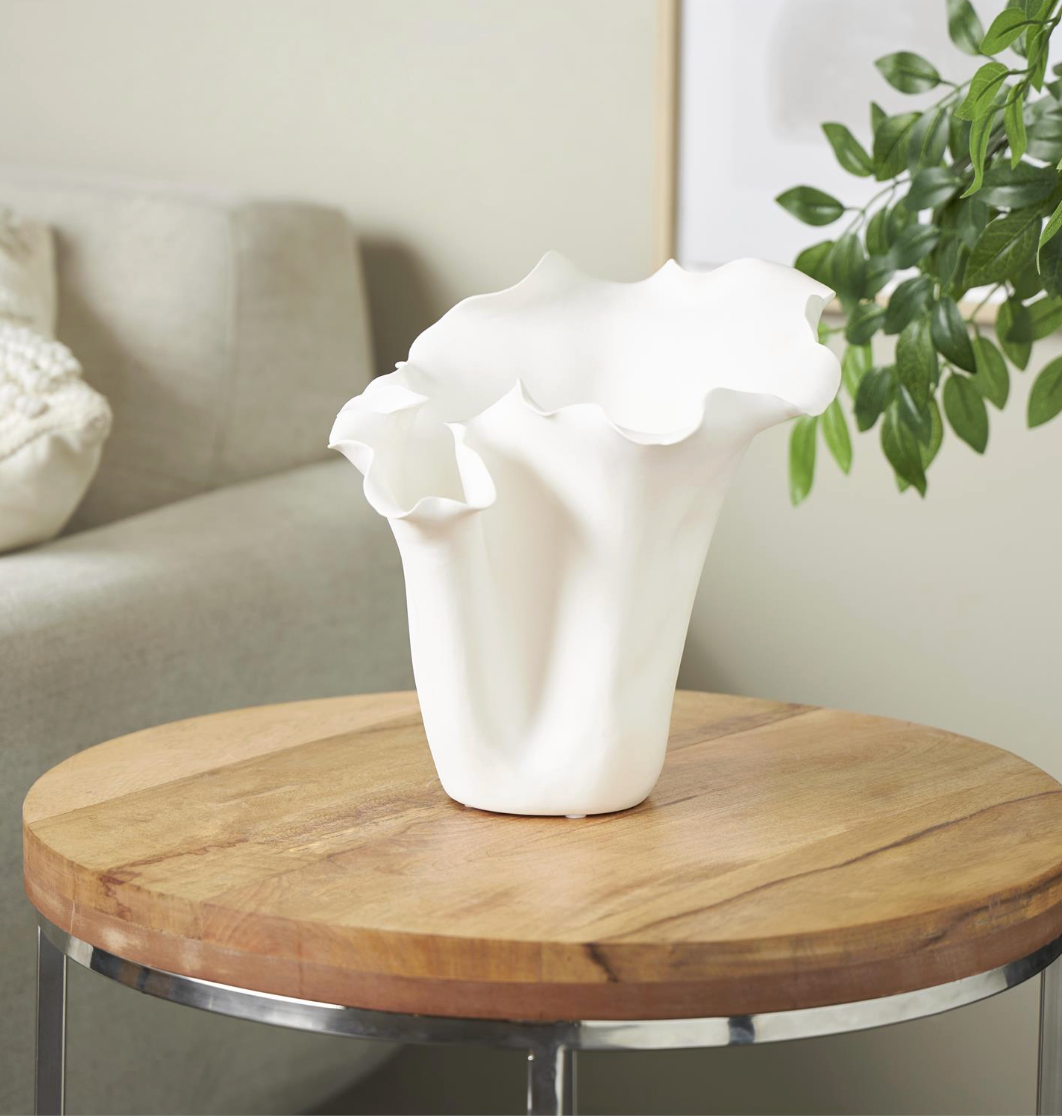 White Abstract Vase w/ Wavy Rim, Short