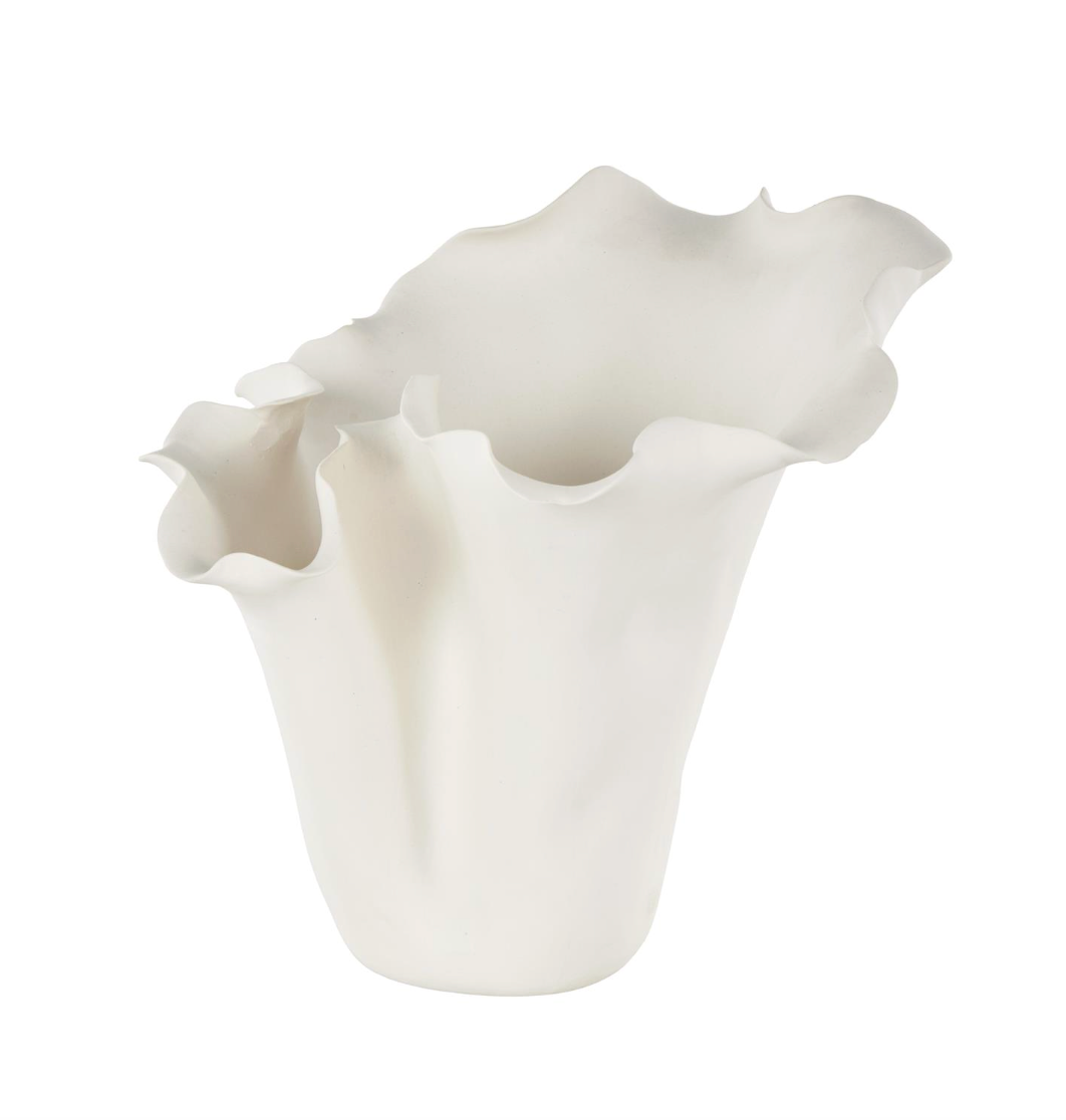 White Abstract Vase w/ Wavy Rim, Short