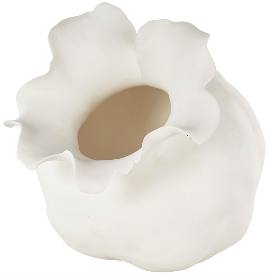 White Abstract Floral Vase w/ Wavy Rim