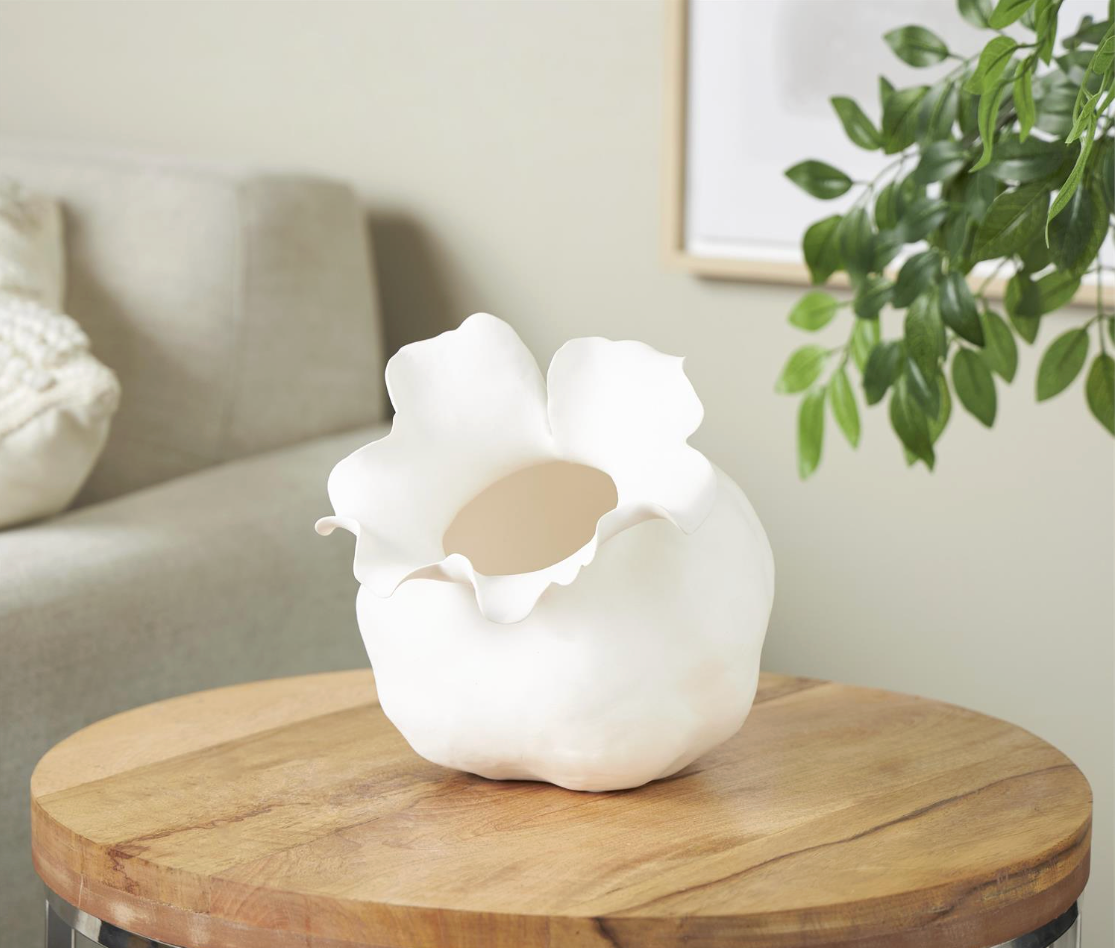 White Abstract Floral Vase w/ Wavy Rim