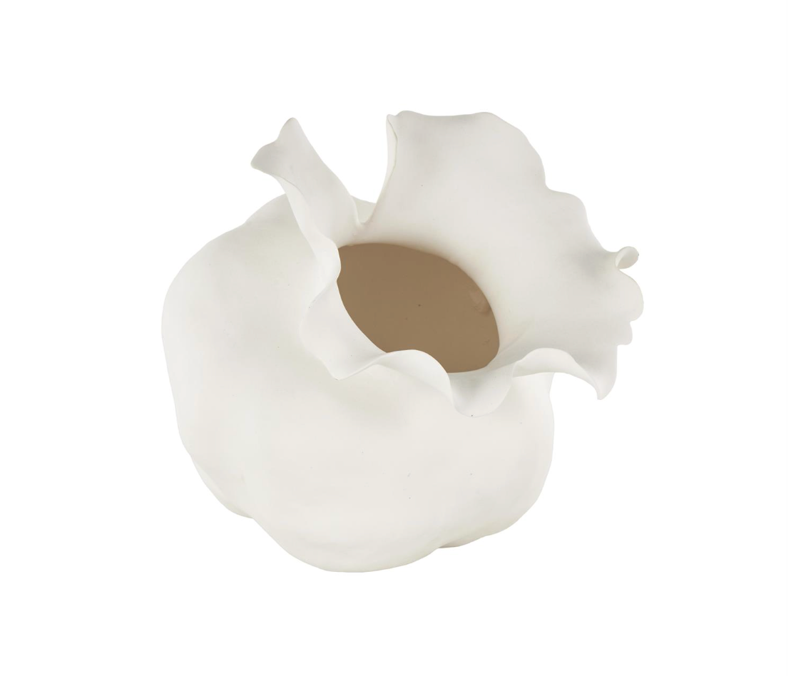 White Abstract Floral Vase w/ Wavy Rim